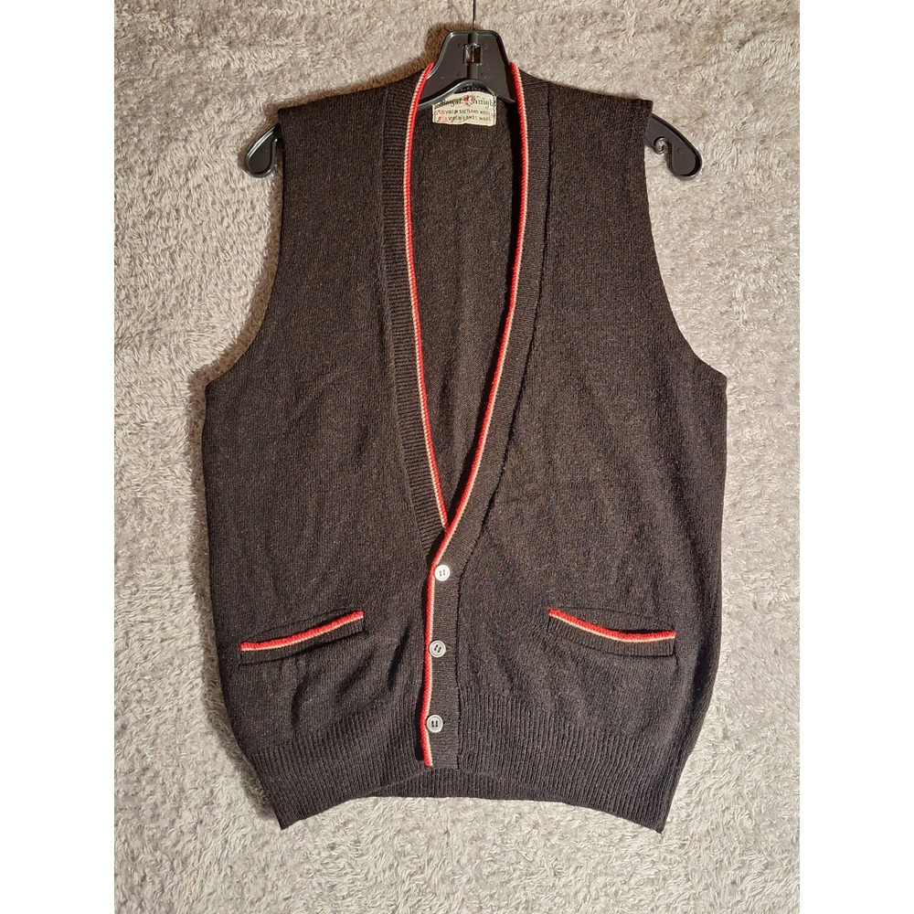 Vintage Royal Knight Cardigan Vest Brown Lambswool Shetland Wool Red Trim Mens L
